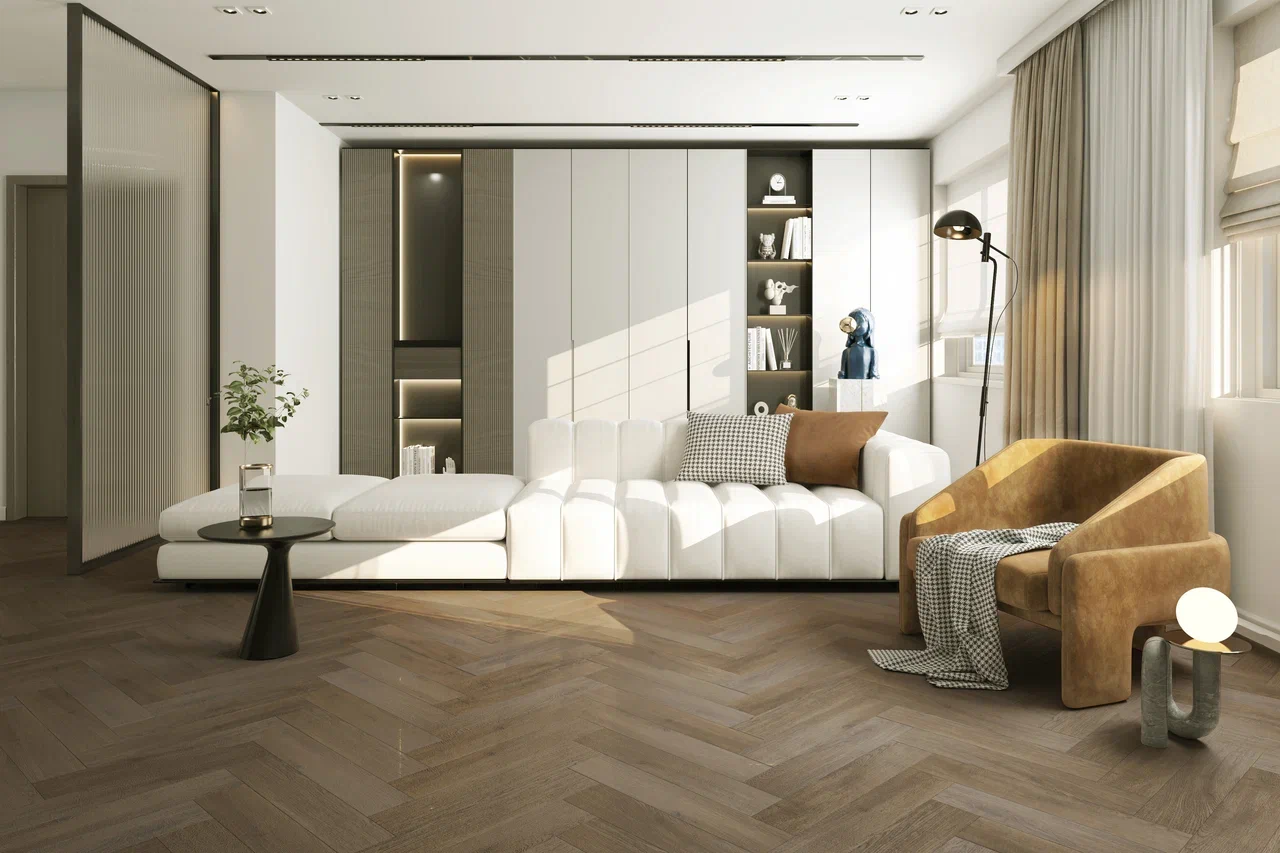 Кварцвиниловый SPC ламинат Home Expert Parquet Дуб Ливингстон 33-3009 венгерская елка 615×123×3,5 фото в интерьере